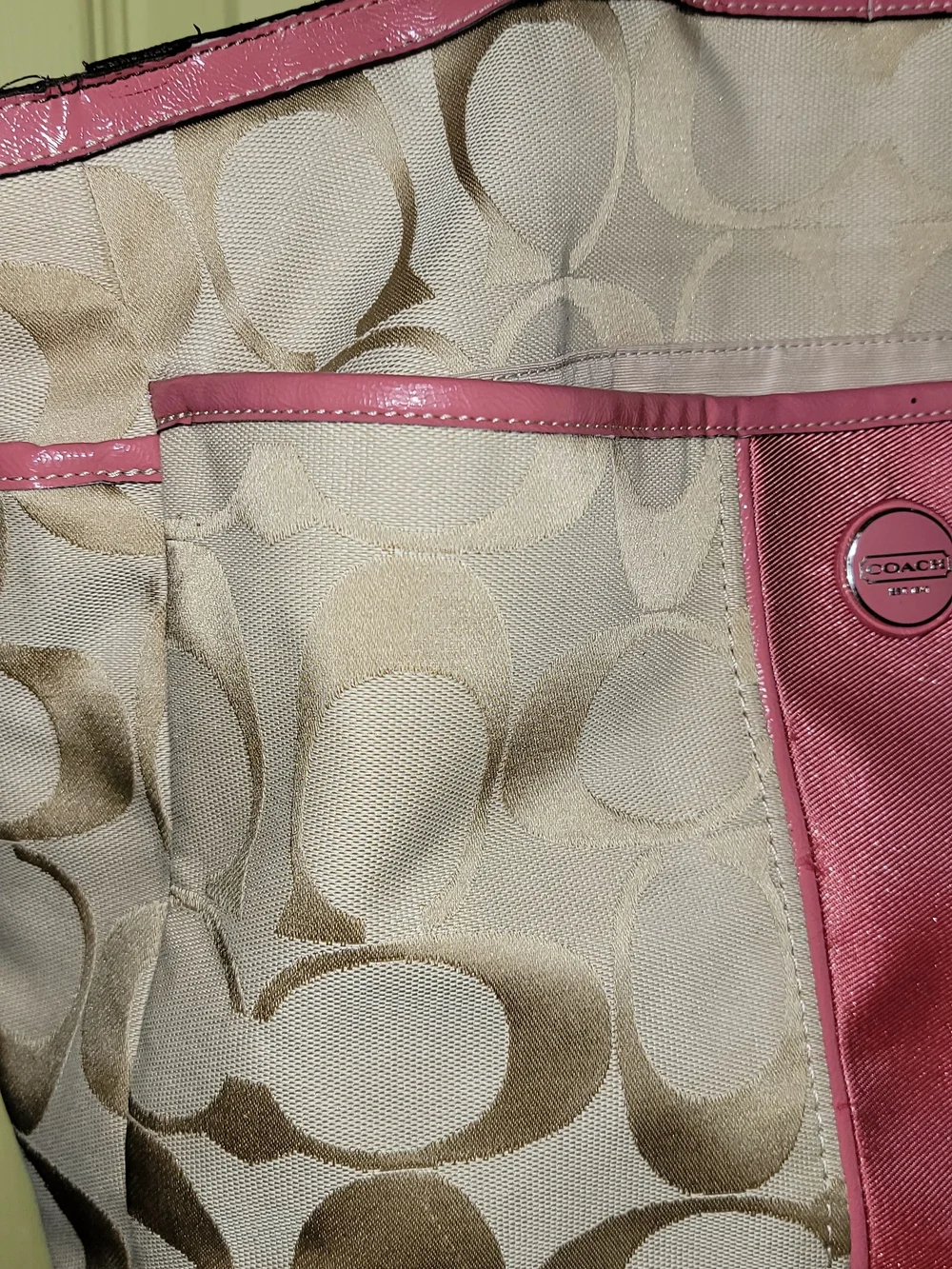 Coach Beige Signature Canvas Tote with Pink Trim, Outside Of Bag ,Badly Stained